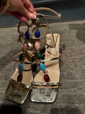 Beaded Multi-Color Metallic Strap Sandals - Women